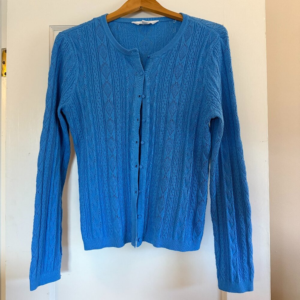 Blue Pointelle Cardigan Sweater